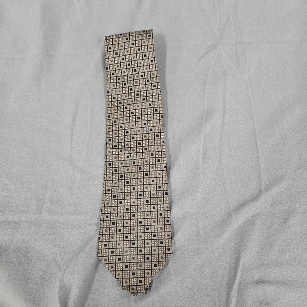 Pierre Cardin Mens‎ Silk Necktie Tan Navy Blue Geometric Grid Pattern Tie
